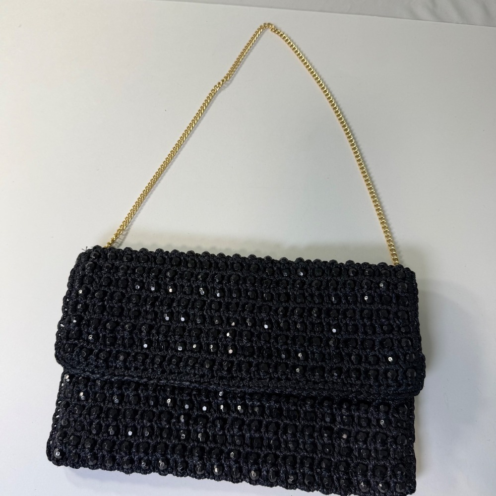 Fashion Imports Vintage Black Beaded Crochet Clutch Bag Gold Chain Made in Italy